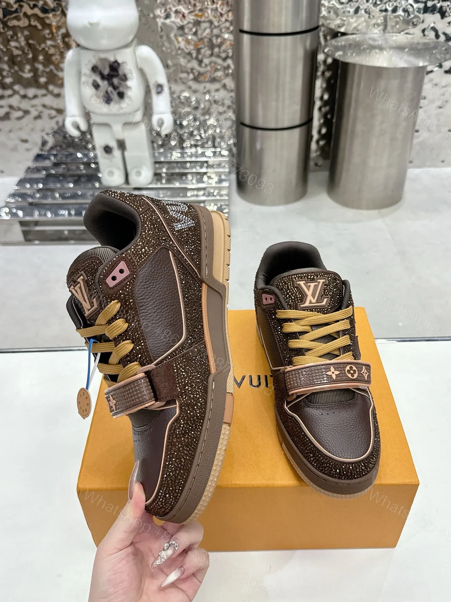 View 4 of LV Women Brown Leather Sparkle Strap Sneakers