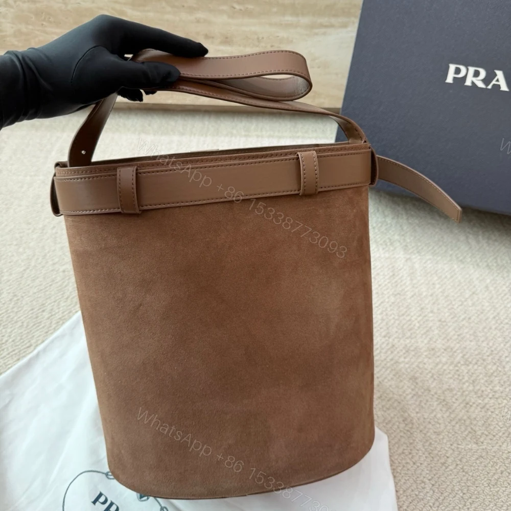 View 8 of Prada Suede Buckle Bucket Bag With Belt Brown 28Cm