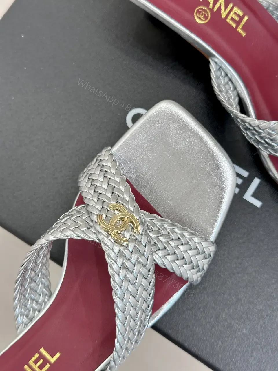 View 6 of Silver Braided Slides Metallic Chanel-inspired Cushioned Comfort Mules