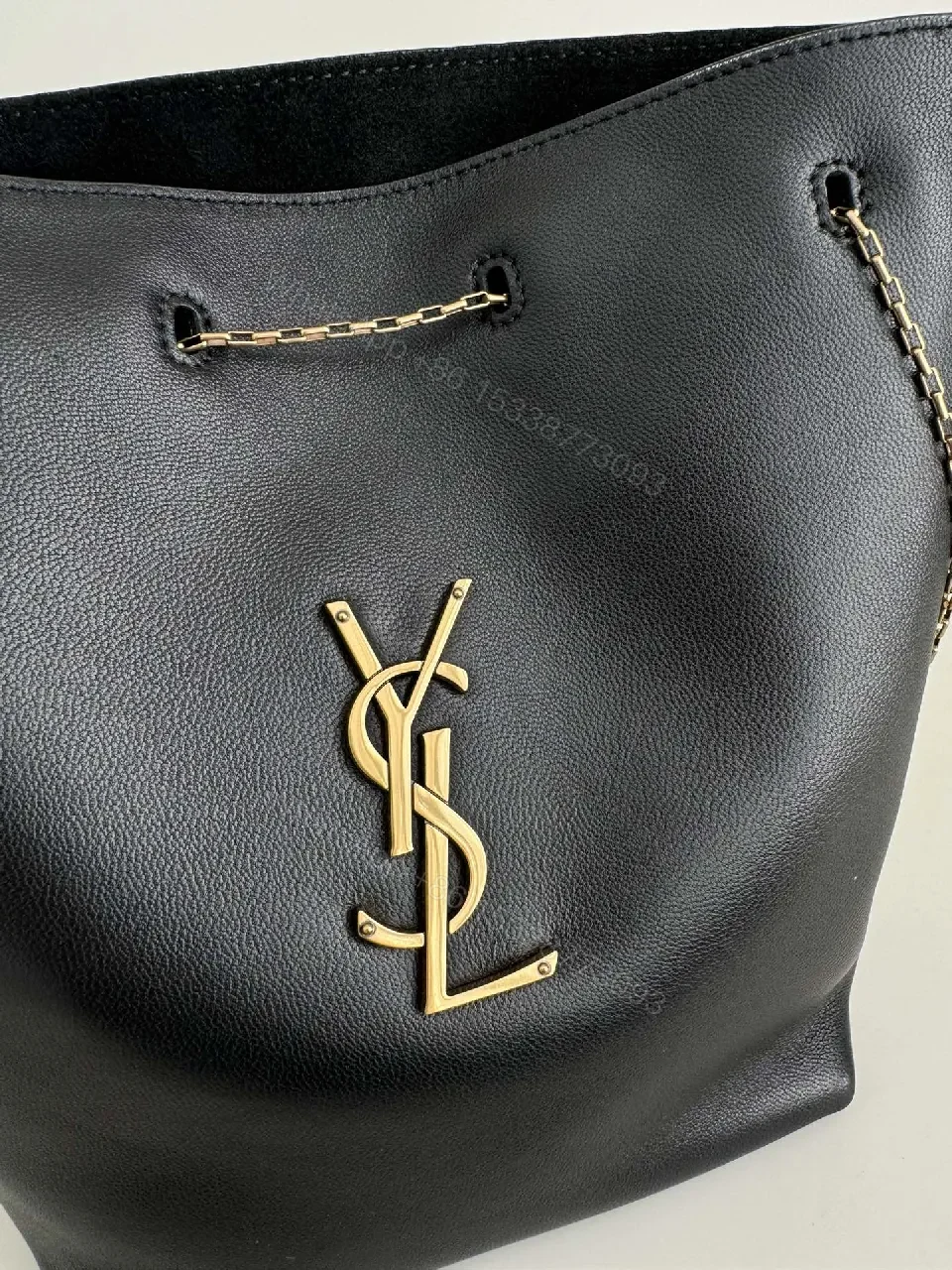 View 2 of Chic Black Leather Bucket Bag with Gold Logo