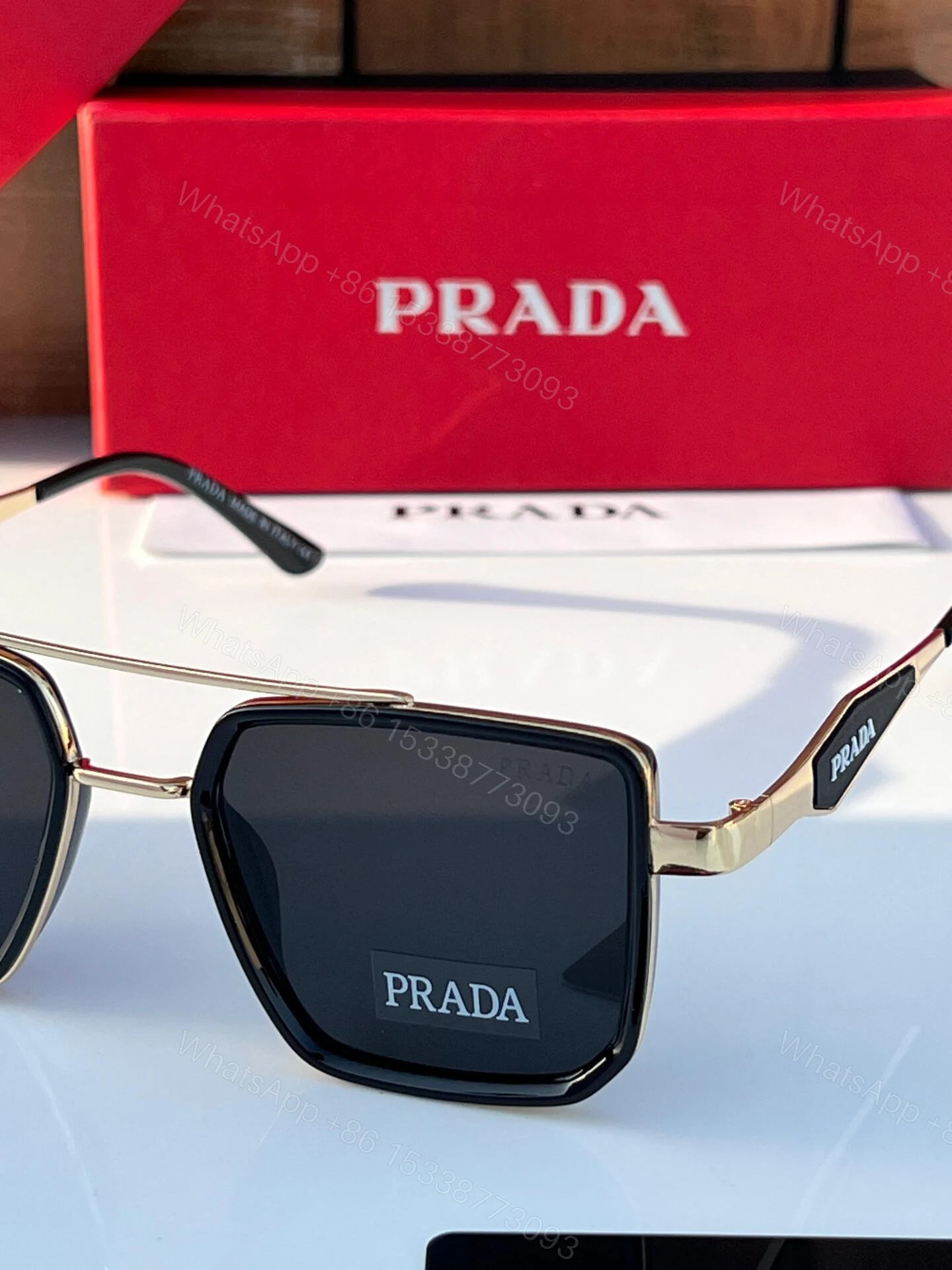 View 3 of Prada Square Sunglasses Gold-Dark HD