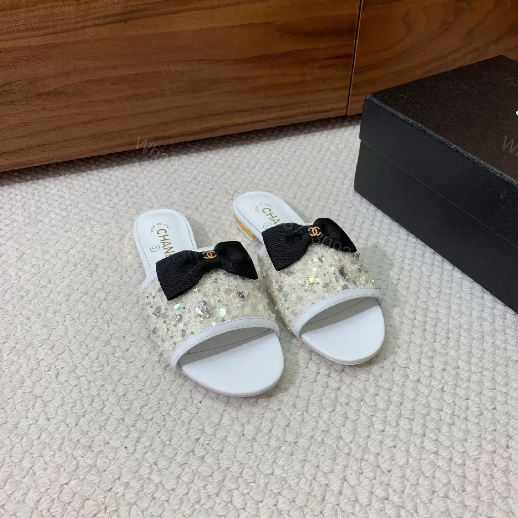 View 9 of White Crystal Glitter Sandals Satin Bow Chanel Style Sparkle Embellishments Slide Sandals