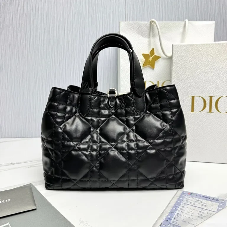 View 6 of Chic Quilted Satchel with Gold Dior Charm - Luxury Bag