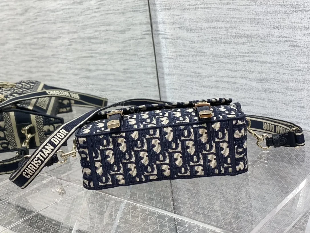 View 7 of Navy-cream Jacquard Messenger Bag with Gold Hardware