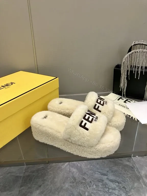 View 4 of Off-White Material: Fendi Shearling Slides - Cozy Luxe Footwear