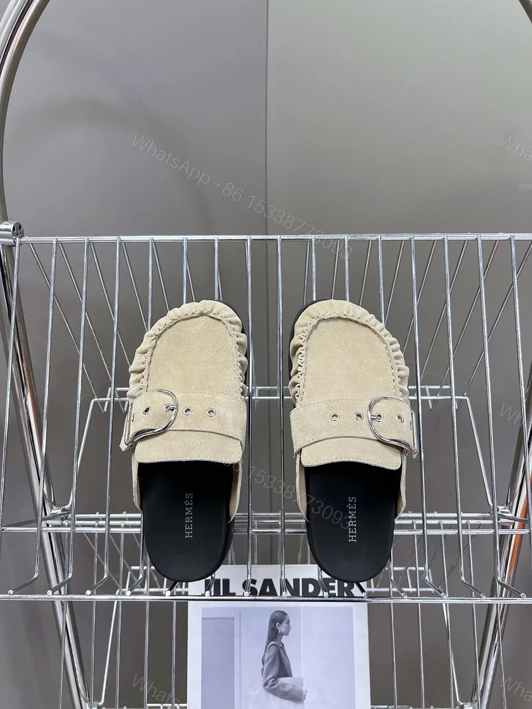 View 6 of Hermes Women Beige Suede Buckle Mules