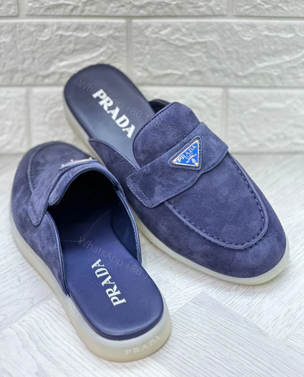 View 3 of Suede mules Enameled metal triangle logo