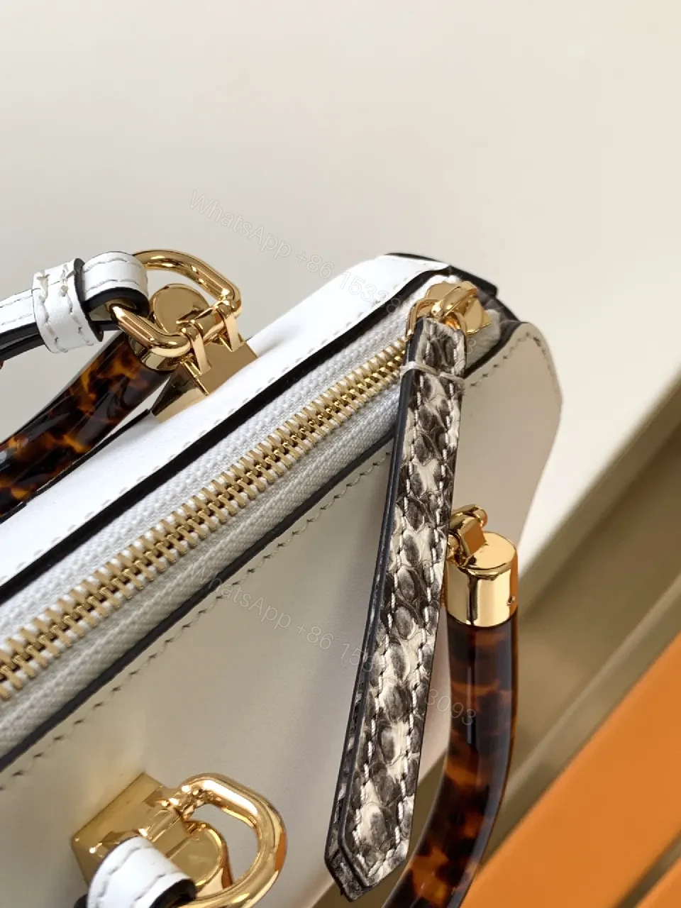 View 8 of White Leather Handbag Crystal-Embellished Logo