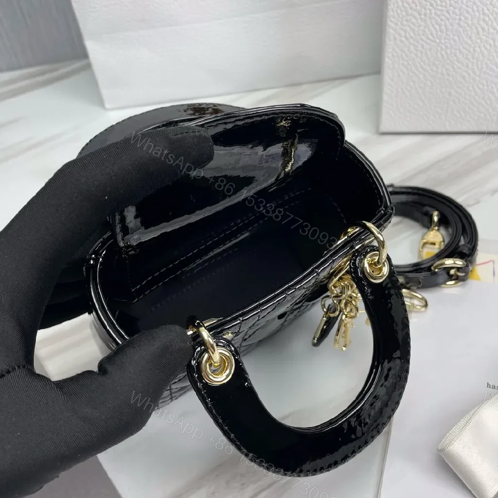 View 6 of Glossy Patent Top-Handle Bag – Gold Charm Accent, Mini Luxe