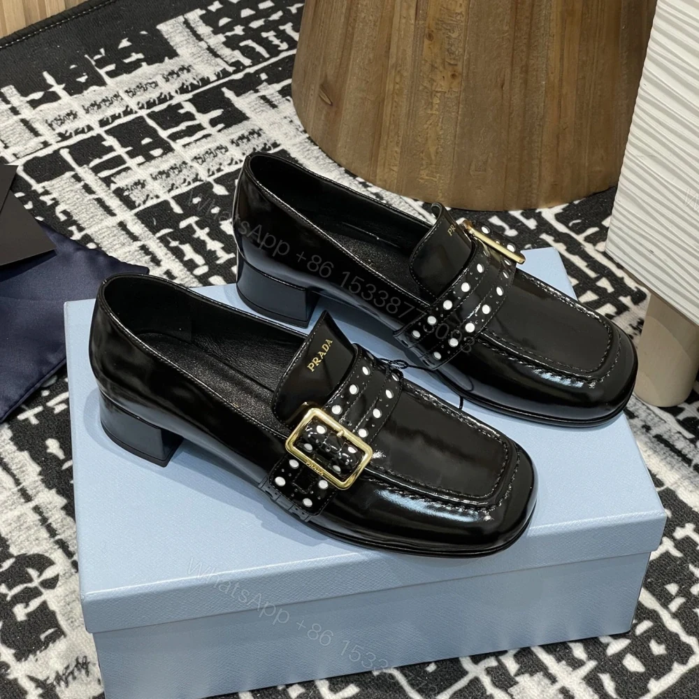 高仿Prada*1D831M方頭套腳樂福鞋3.5CM漆皮黑色免檢版 — view 1