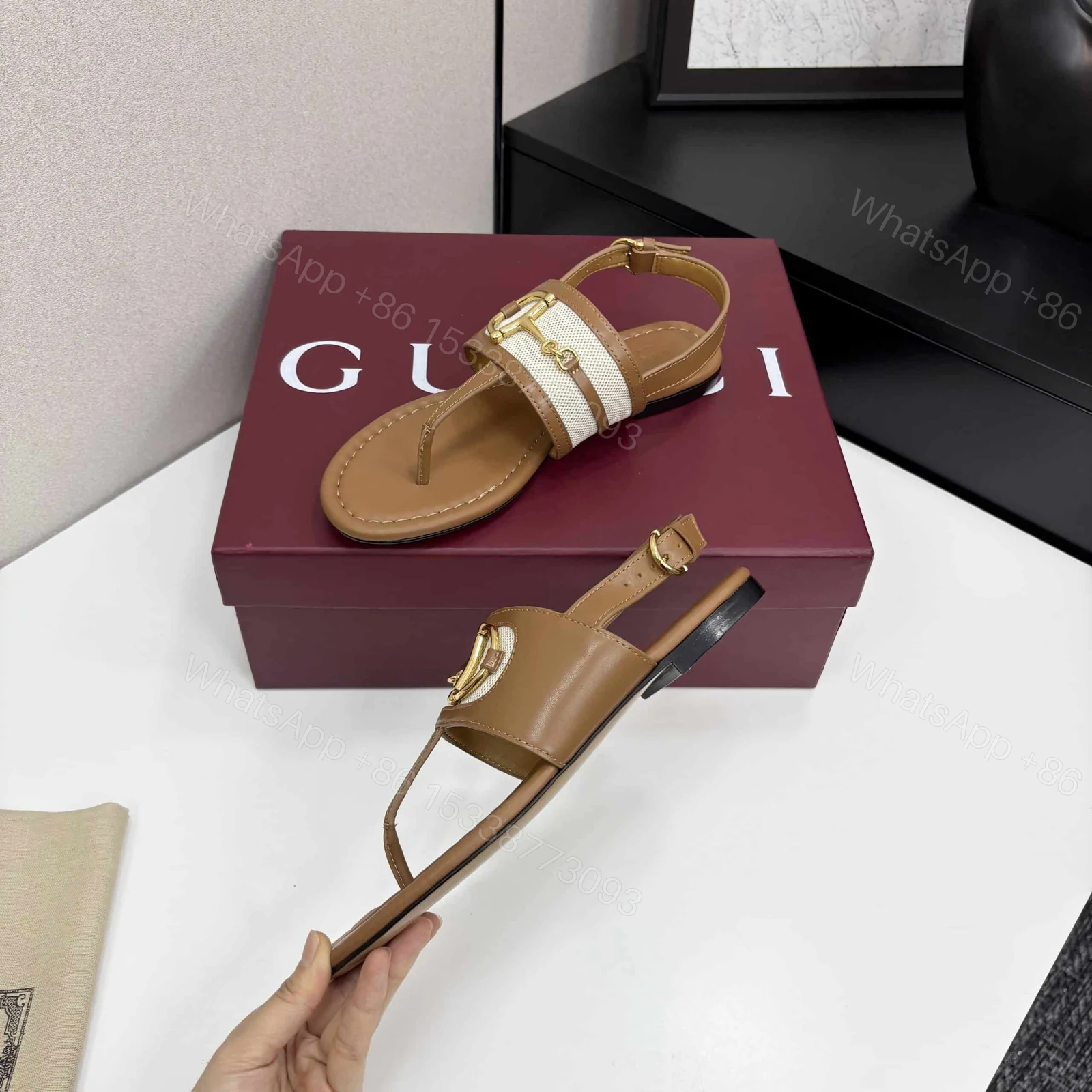 View 3 of GUCCI WOMEN’S THONG SANDAL WITH HORSEBIT LIGHT BROWN 834431 AAEZJ 2744