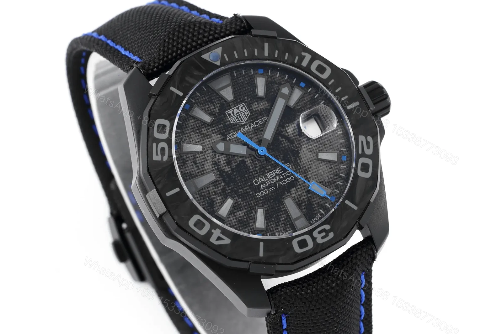 View 8 of V6 Factory TAG Heuer Super Series Black Dial Blue Stitching Strap Watch – Elegant Casual, Unique, and Dynamic