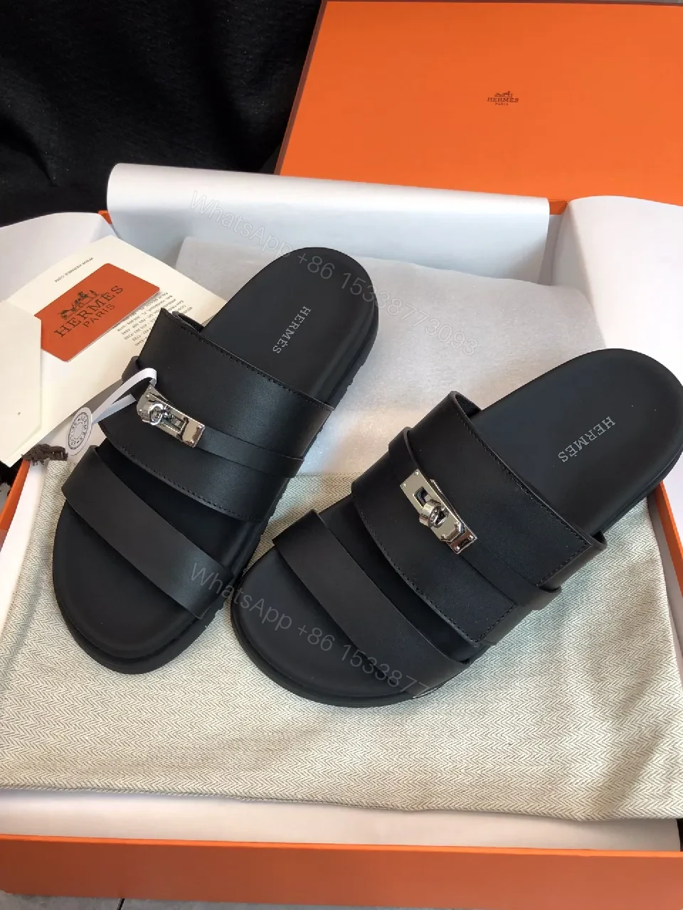 View 8 of Matte Black Leather Sandals with Signature Hardware