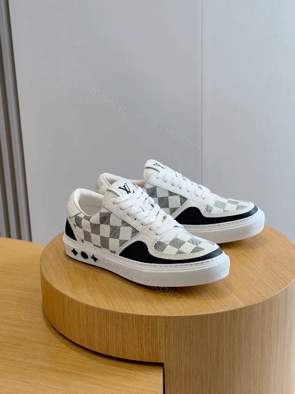 View 3 of White & Grey Checkerboard Leather Sneaker, LV Detail, Low-Top
