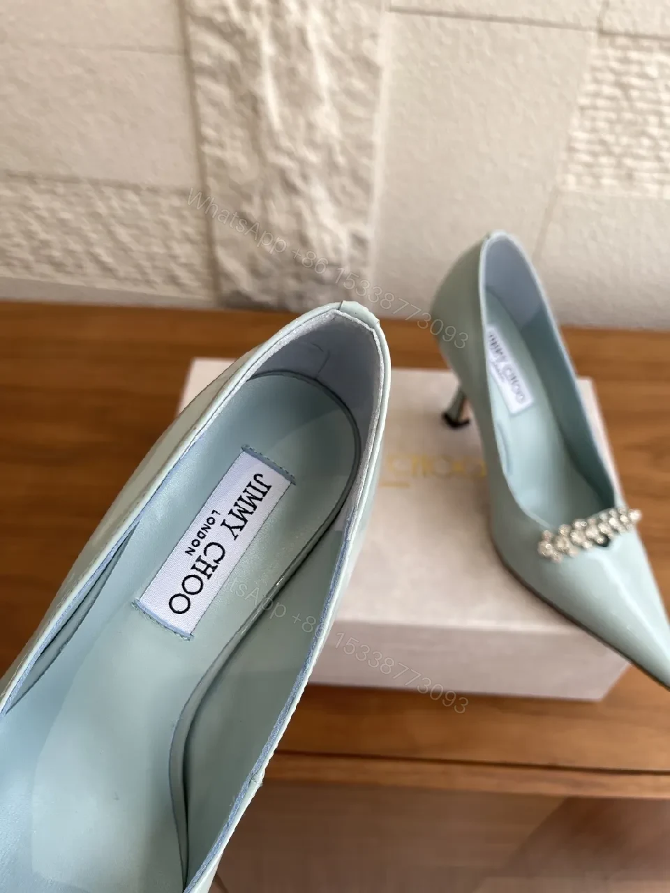 View 2 of Mint Satin Crystal-Embellished Pointed Pumps