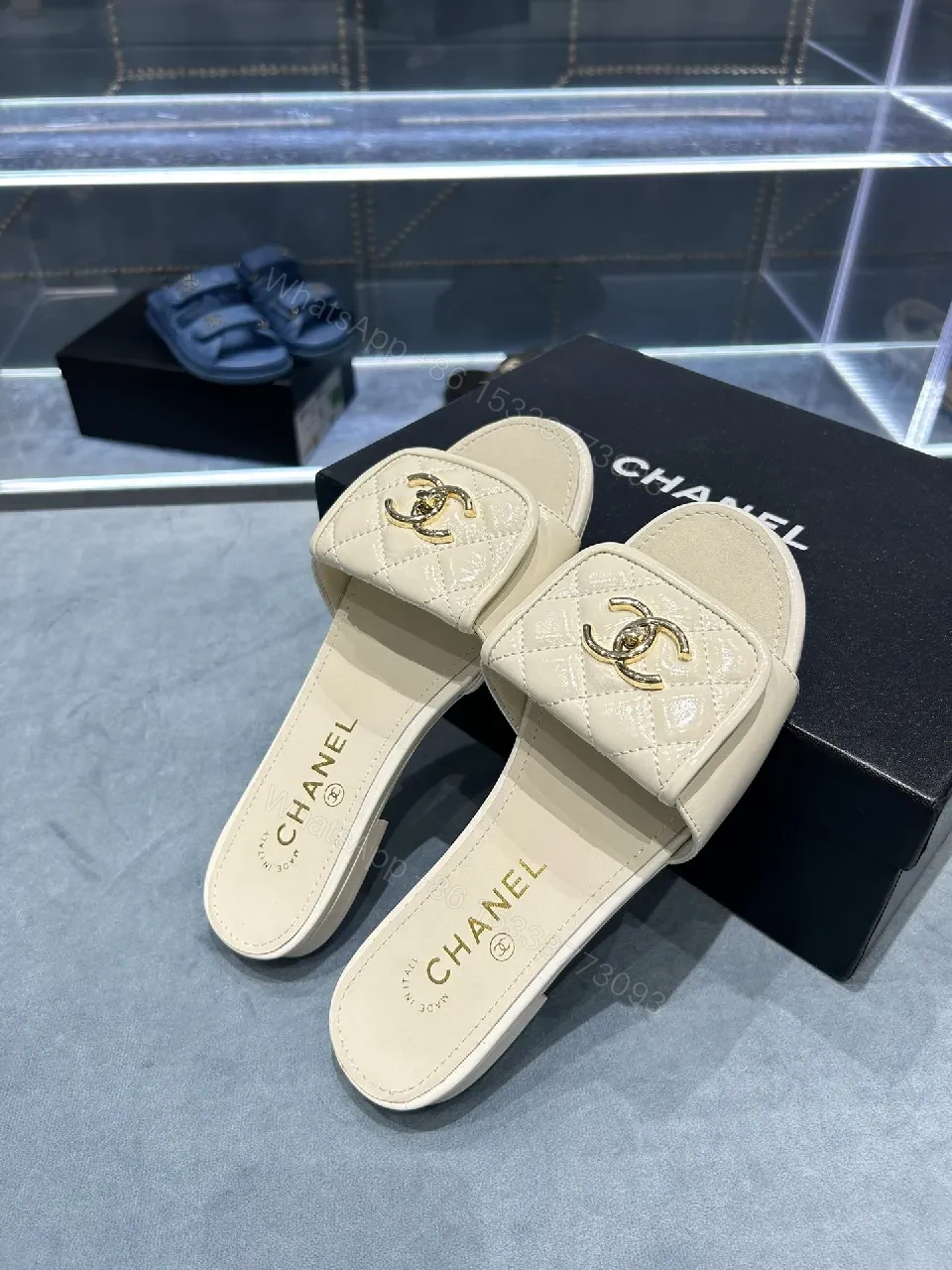 View 9 of Beige Quilted Strap Slide Sandals with Gold Double-C Logo