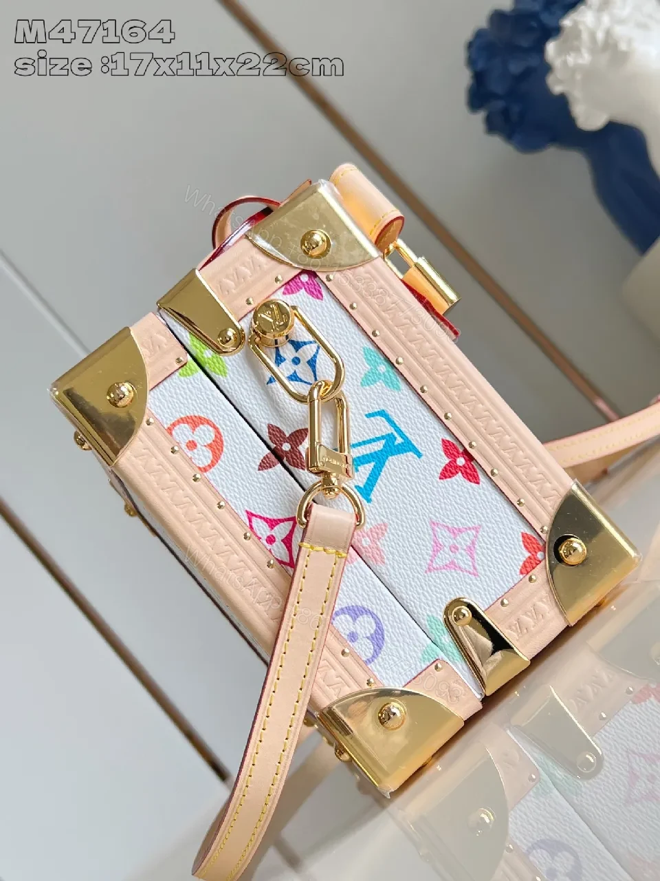 View 2 of Colorful Structured Bag: Rainbow Monogram, Gold Corners, Leather Trim