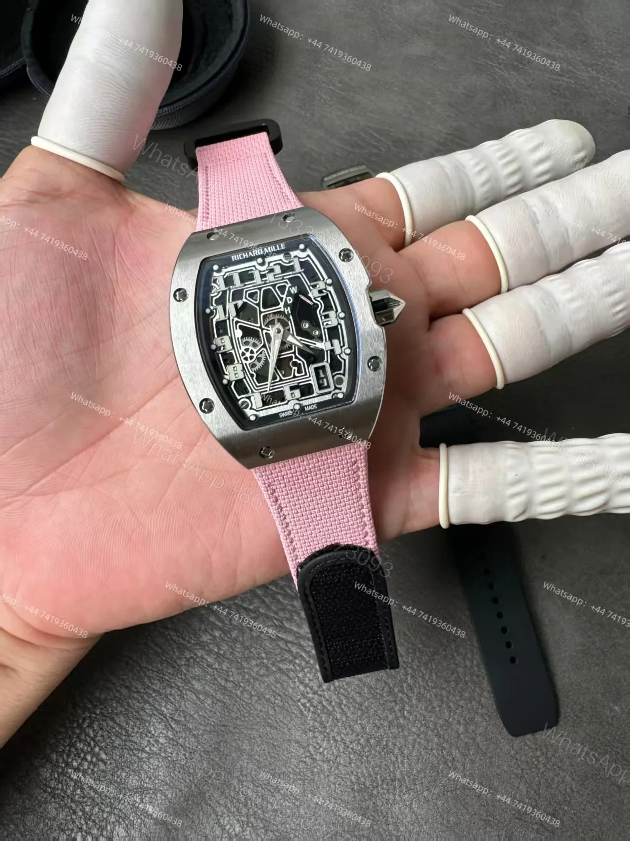 View 2 of Super Clone Richard Mille RM 67-01 Titanium Skeleton Pink Velcro Strap
