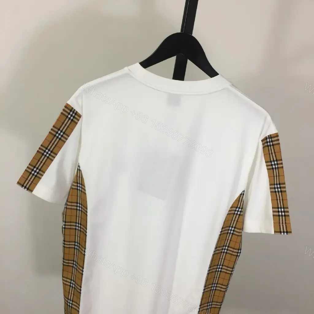 View 9 of White Cotton Tee with Plaid Paneling – Casual Luxe Comfort