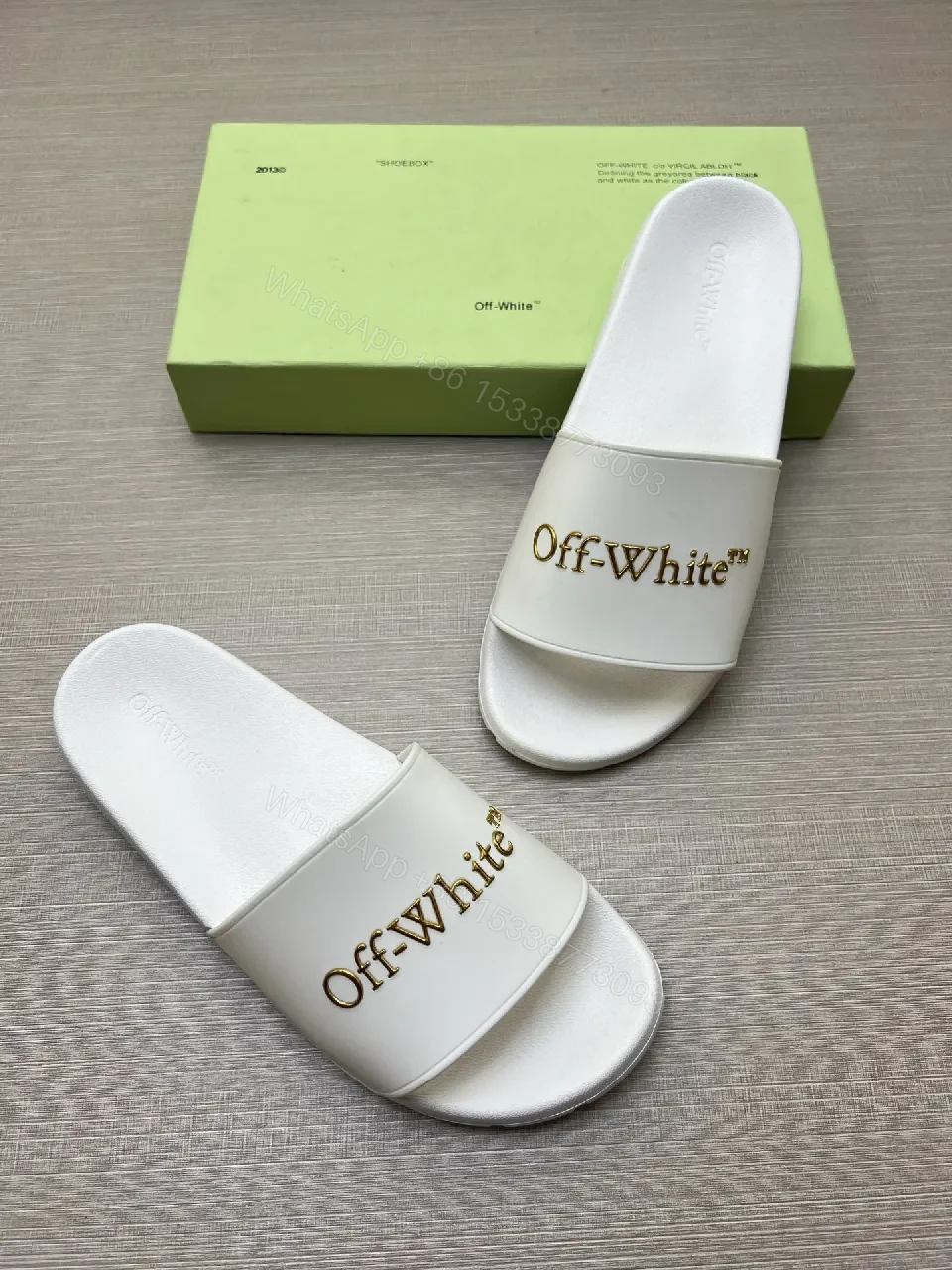 View 5 of White Slide Sandals: Gold-Embroidered Logo, Luxe Minimalist Comfort