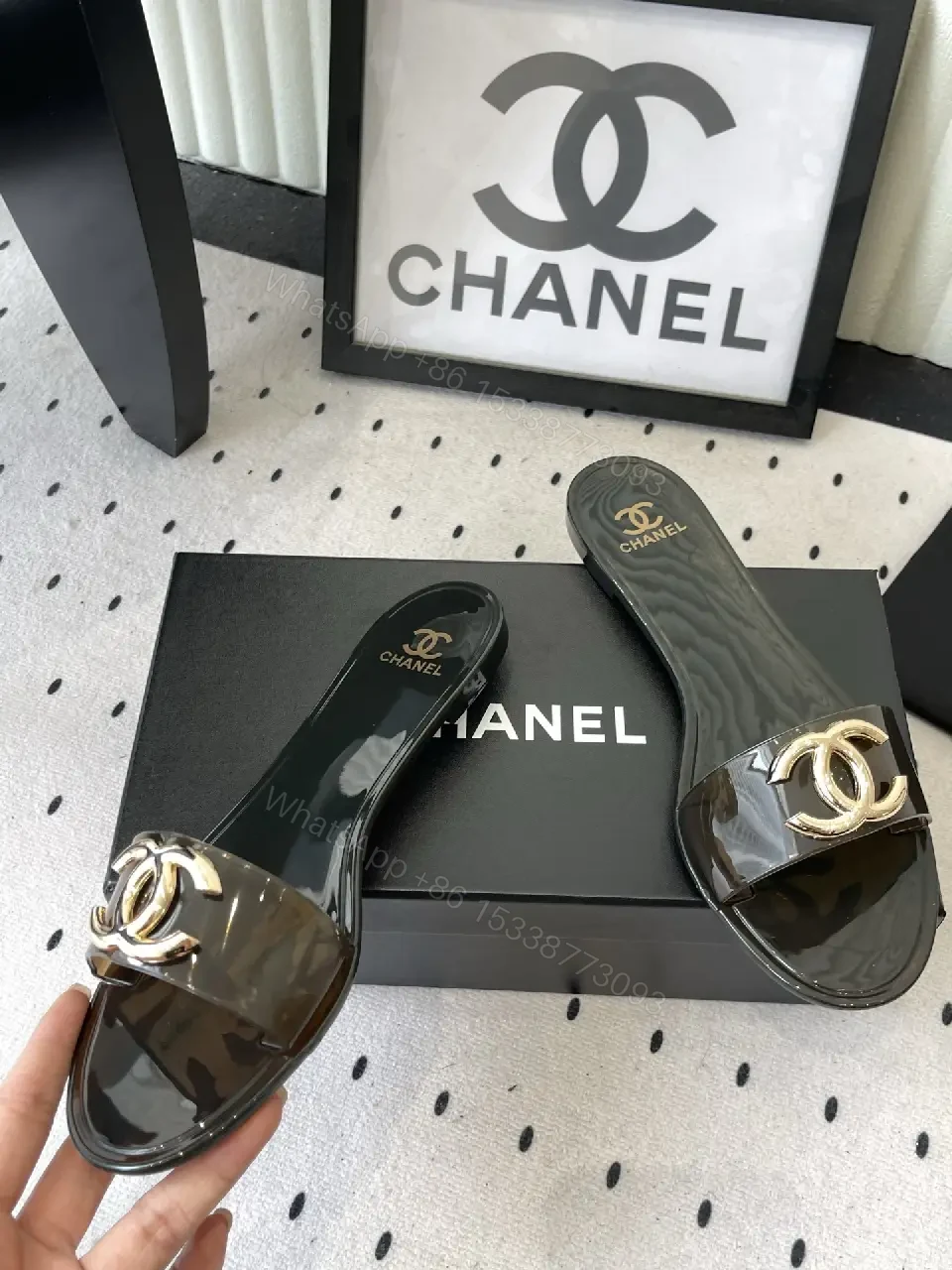 View 9 of Black Patent Leather Slides Gold Chanel Logo - Slide Sandals