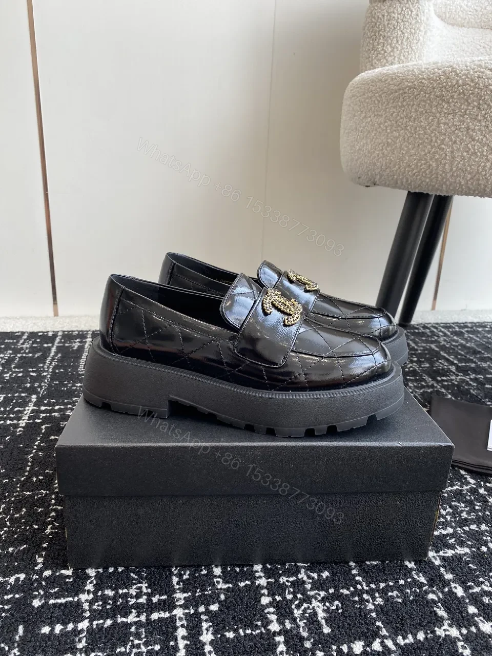 View 5 of Quilted Velvet Loafers: Gold Logo, Black Patent, Luxe Style