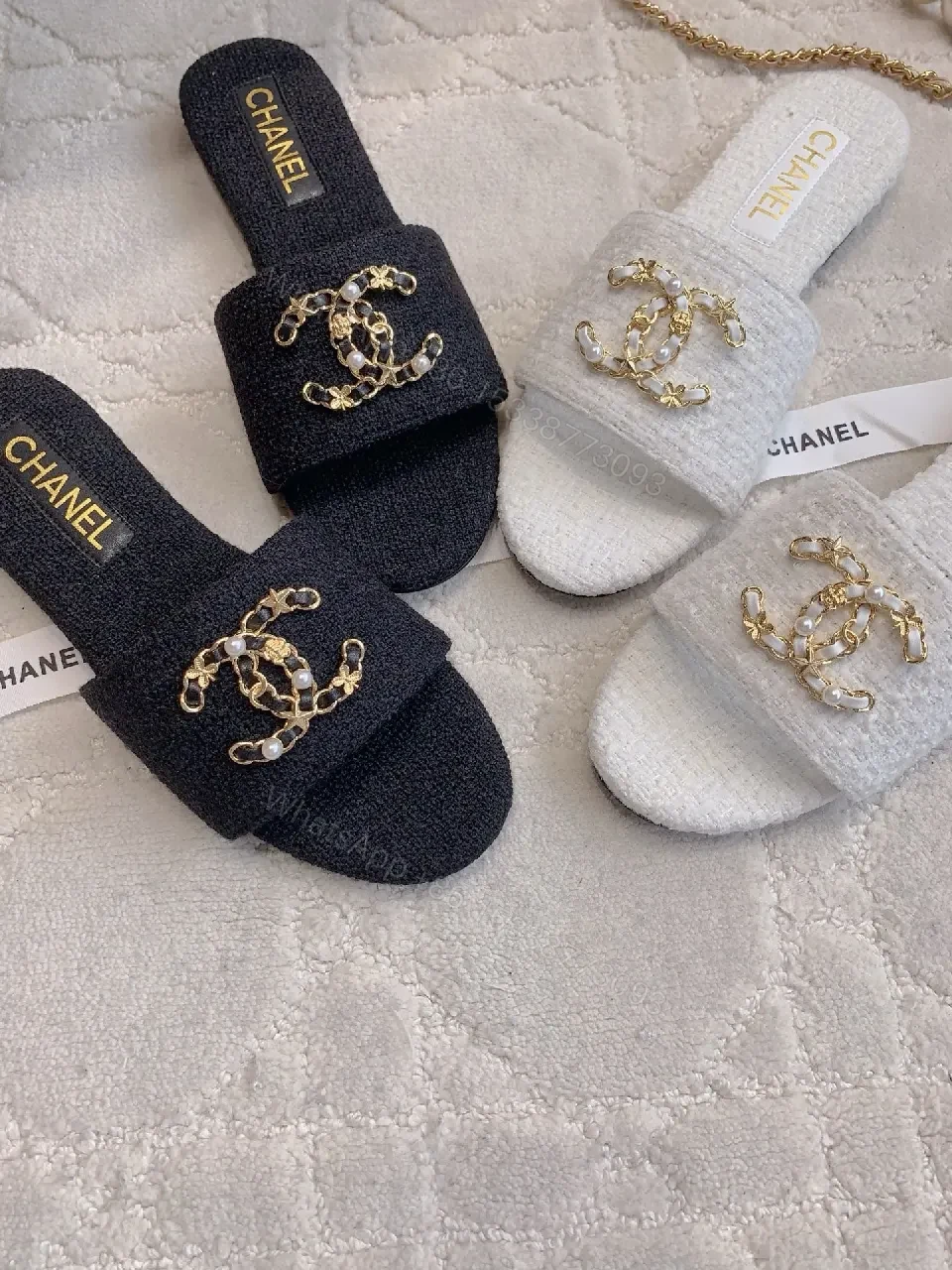 View 2 of Chanel-Inspired Textured Slider with Gold Chain Crest