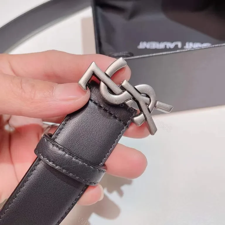 View 3 of Bold Black Leather Belt with Signature YSL Buckle