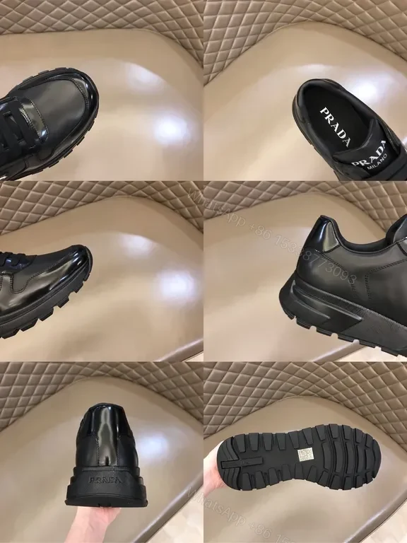 View 7 of Prada Black Leather Patent-Panel Sneakers, Discreet Luxury