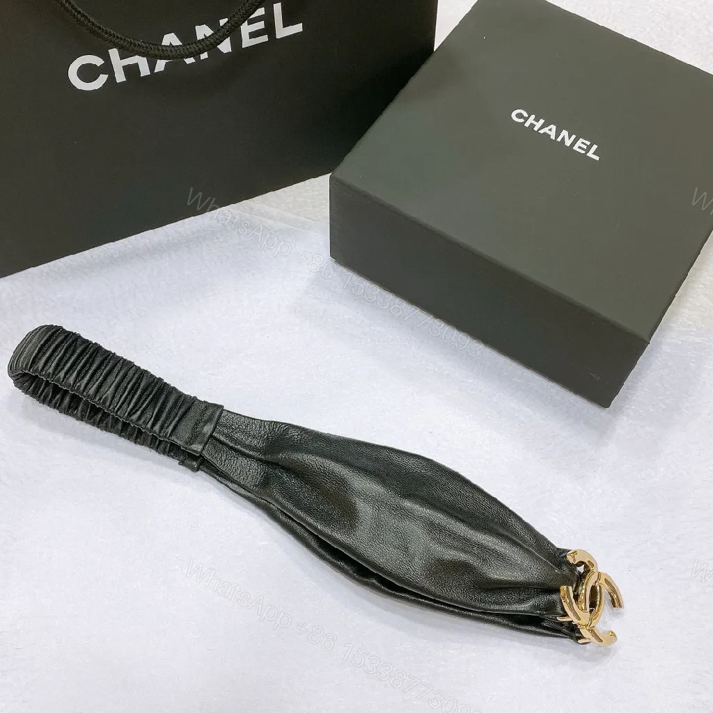 View 3 of Leather-Accent Headband with Gold Logo, Luxe Gathered Style