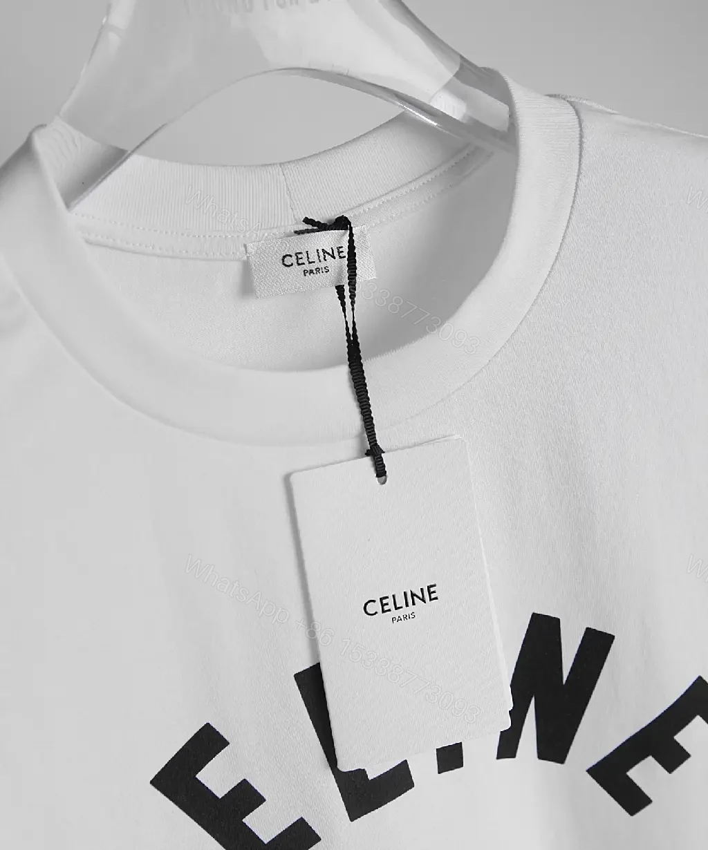 View 10 of White Cotton Graphic Tee: Bold CELINE-Inspired Minimalist Shirt