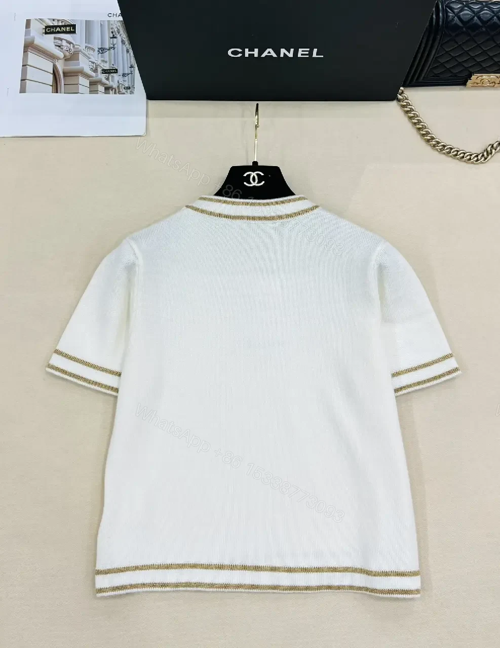 View 2 of Luxury Knit Tee with Gold Chain Trim, White, Modern Fit, premium casual wear