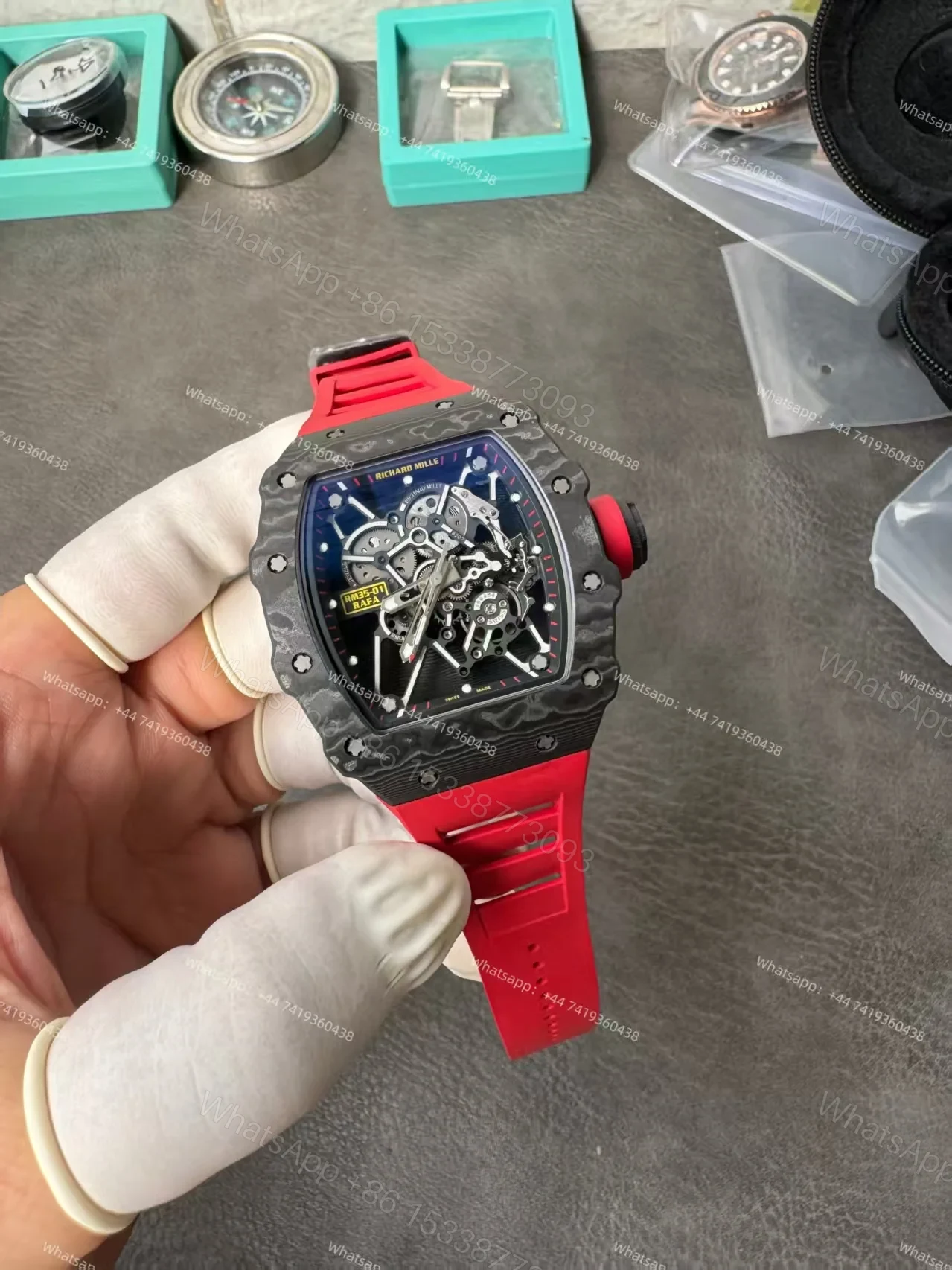 View 2 of Super Clone Richard Mille RM 35-01 Carbon TPT Skeleton Red Rubber Strap 1:1 Replica Watch