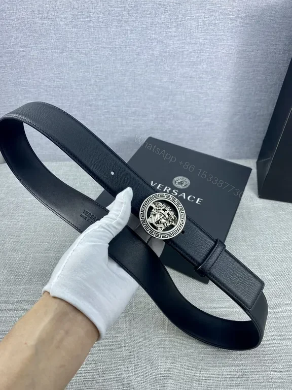 View 4 of Slim Black Leather Belt with Gold Medusa Buckle - Versace Style Belt