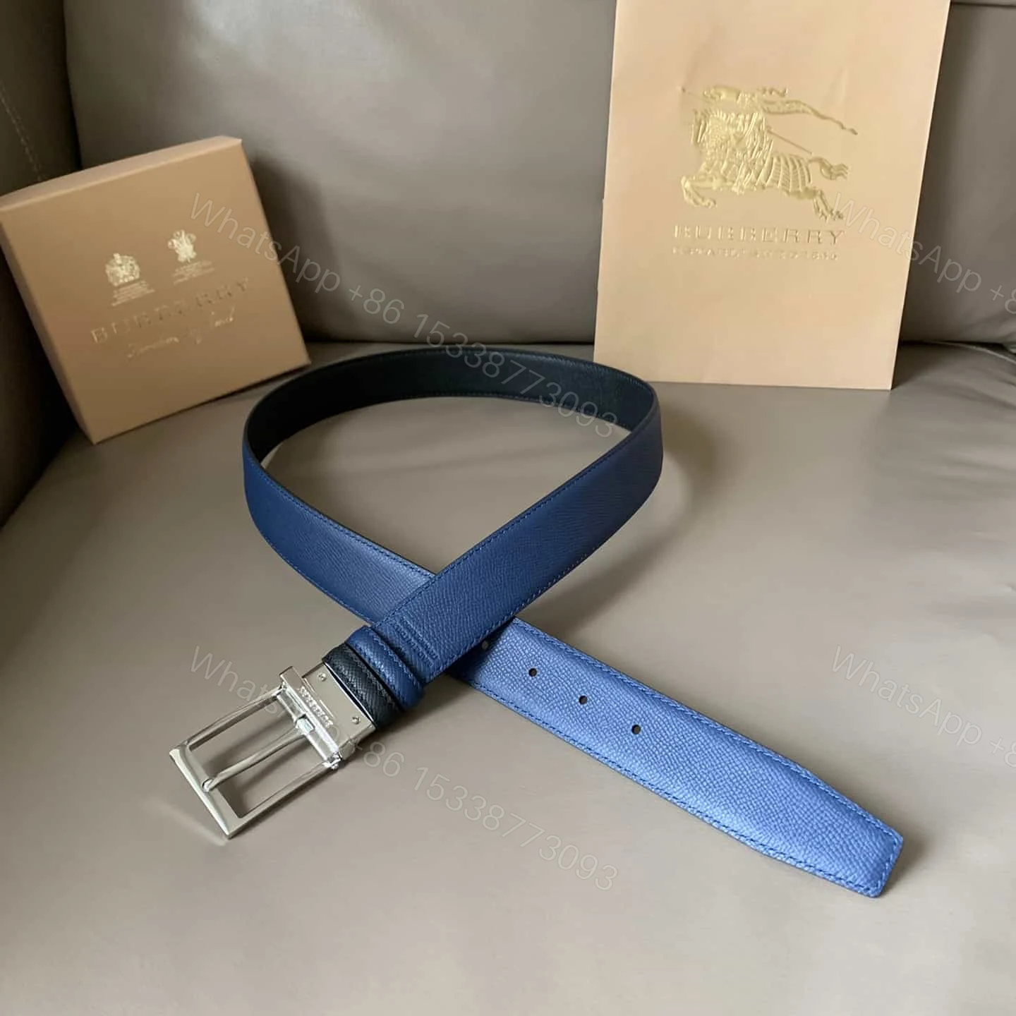 View 7 of BURBERRY REVERSIBLE LONDON CHECK AND LEATHER BELT DARK CHARCOALBLACK – B29