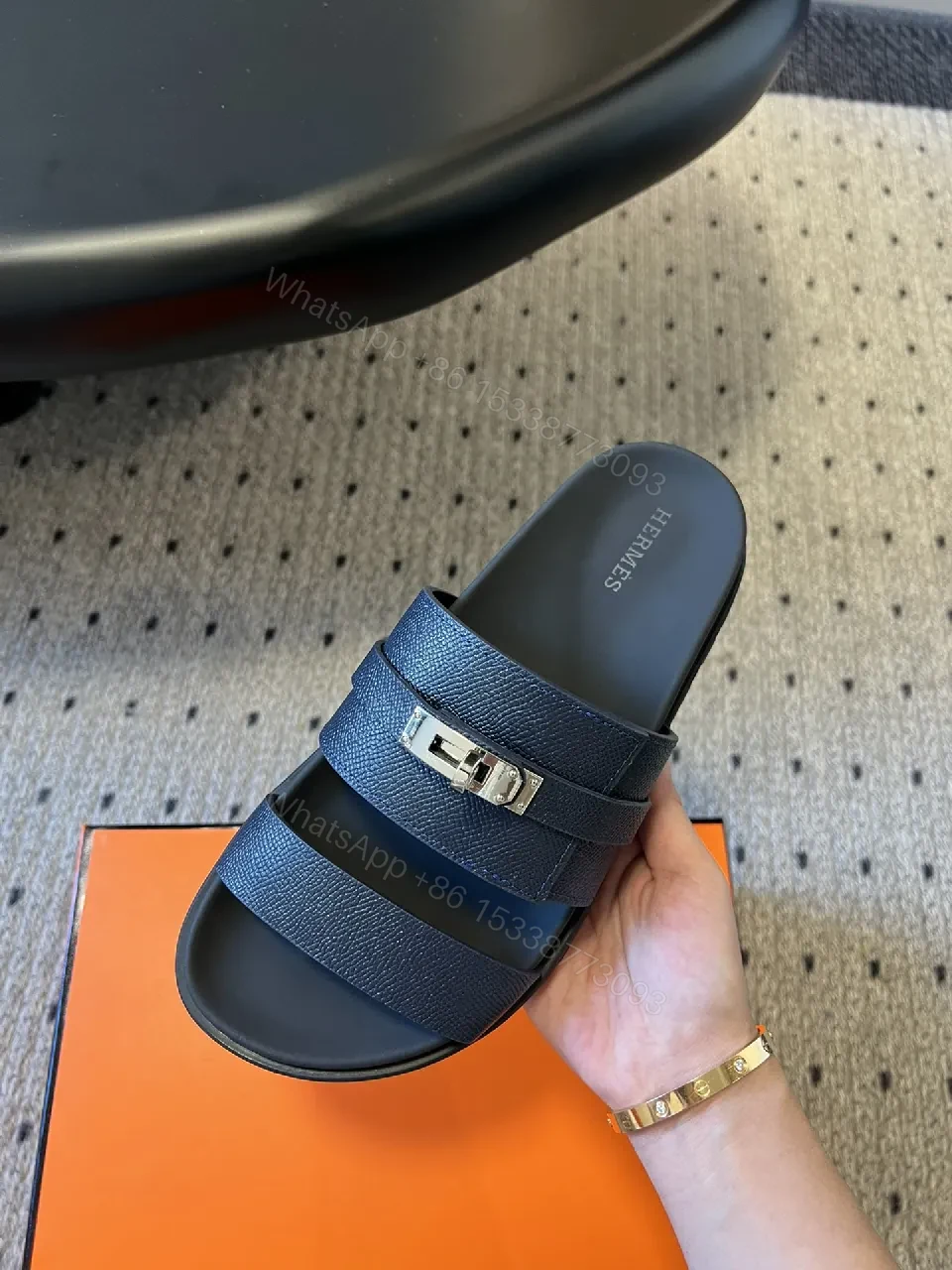 View 9 of Navy Leather Triple-Strap Sandals with Metal Hardware