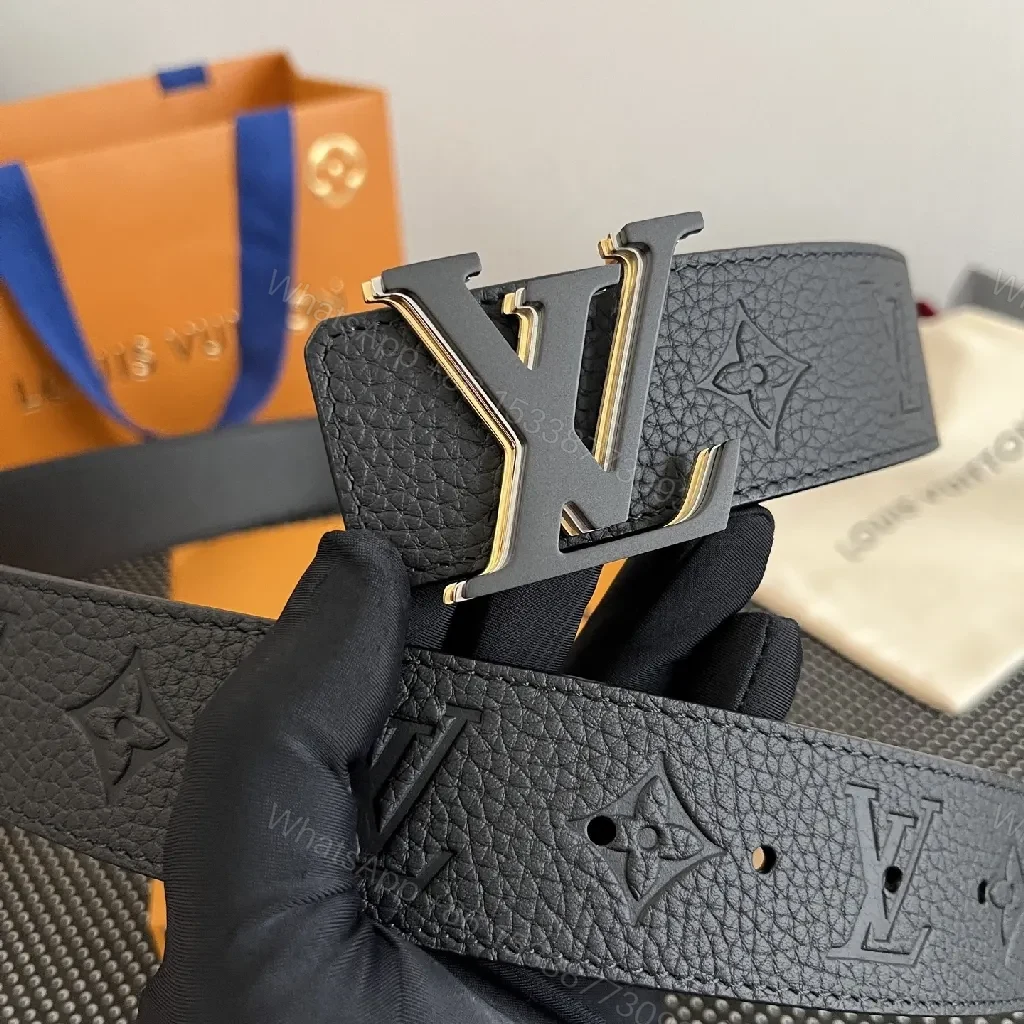 View 3 of Monogram Leather Belt with Gold Accent Buckle - Luxury Style