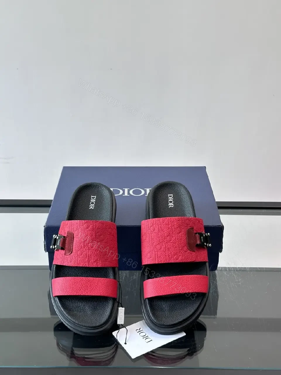 View 2 of Red Suede Leather Style Buckle Accent Dior Slides