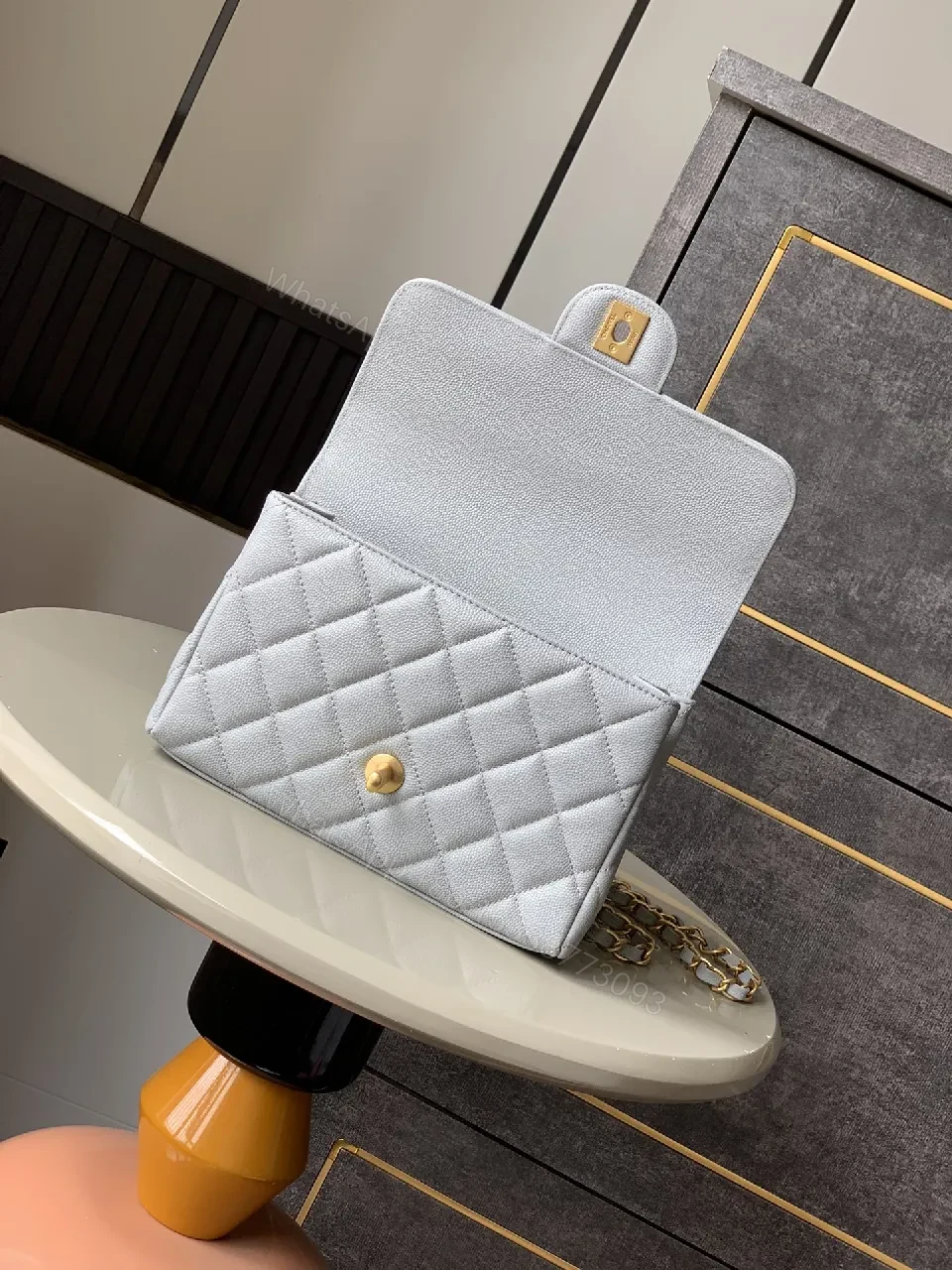 View 8 of Gray Quilted Classic Bag with Gold Chain, Structured Silhouette