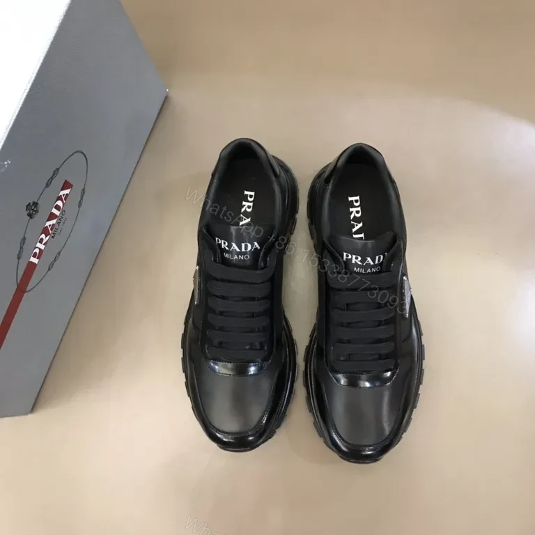 View 5 of Prada Black Leather Patent-Panel Sneakers, Discreet Luxury