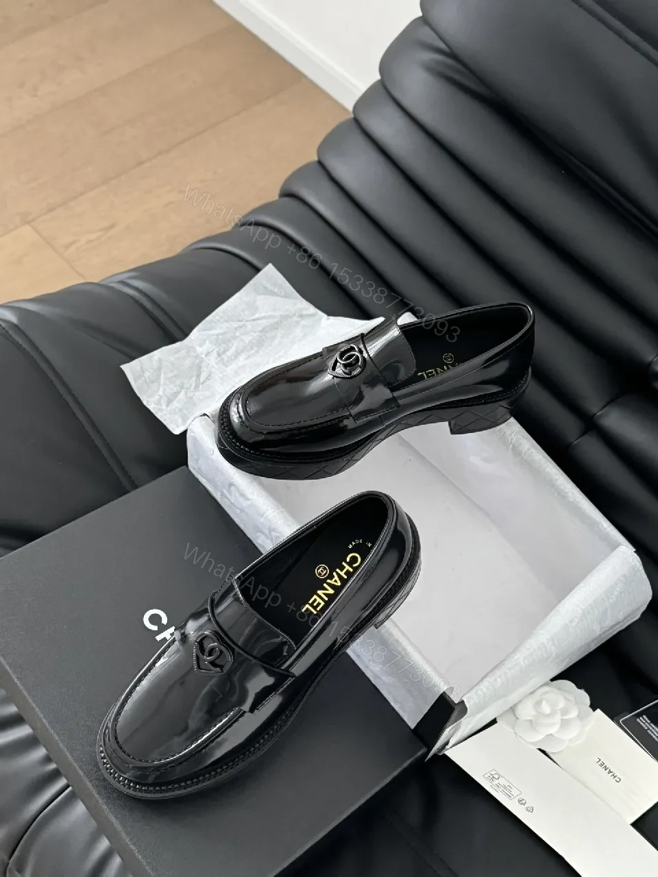 View 4 of Black Patent Leather Loafers | Classic Style, Subtle Double-C Hardware, All-Day Comfort