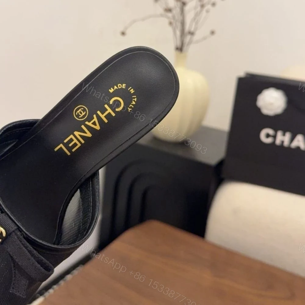 View 9 of Chanel Mesh Bow Block Heel Mules Black