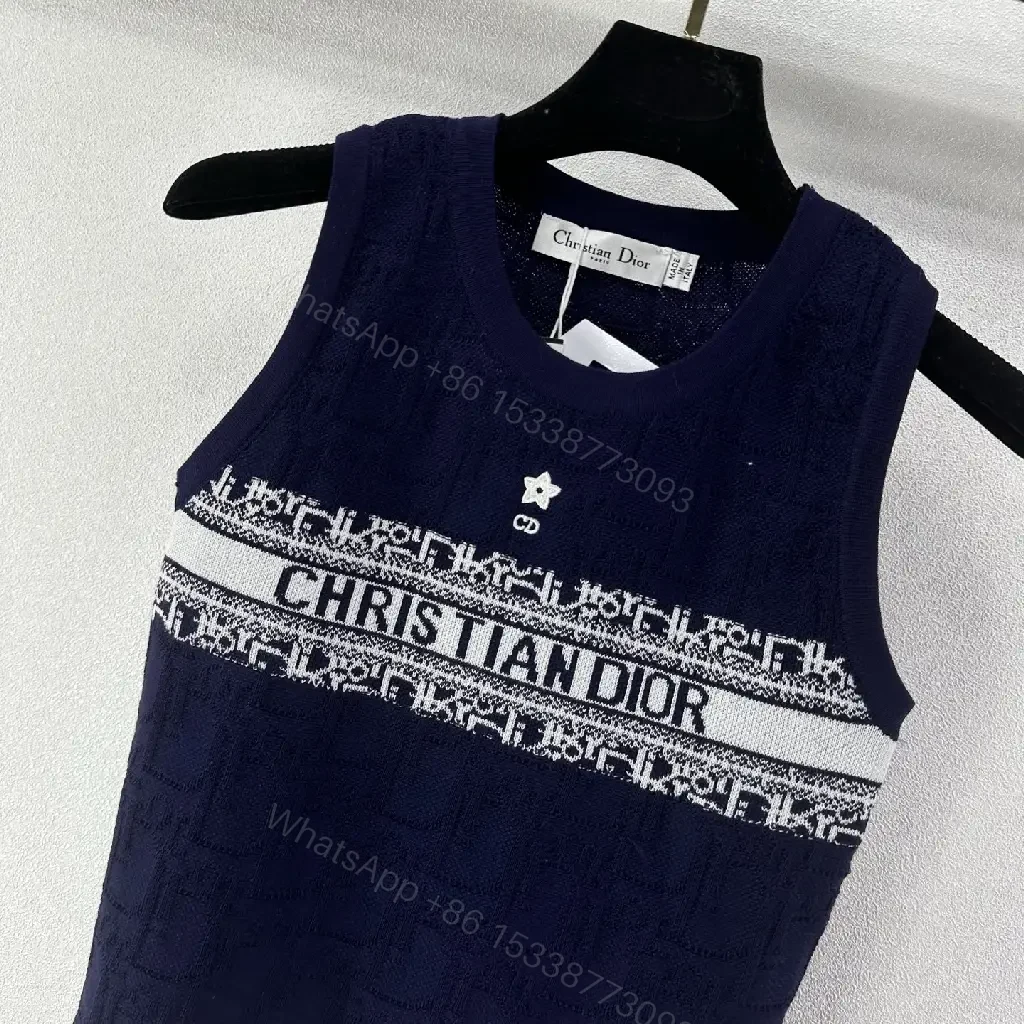 View 3 of Navy Cotton Tank Top with Dior Band Logo Knit