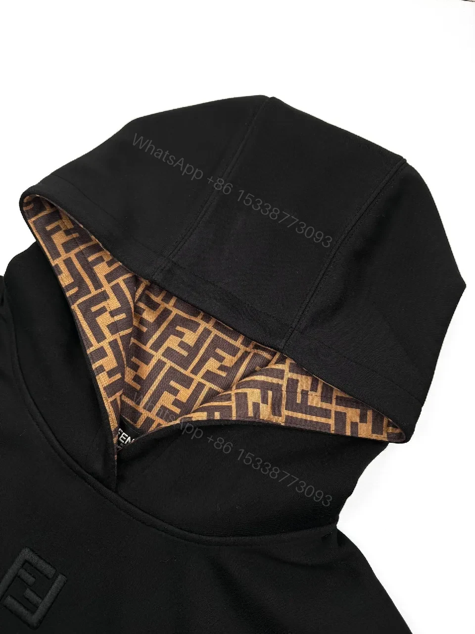 View 10 of Black Hoodie with Brown Lined Hood - Premium, Minimalist, Cozy Comfort