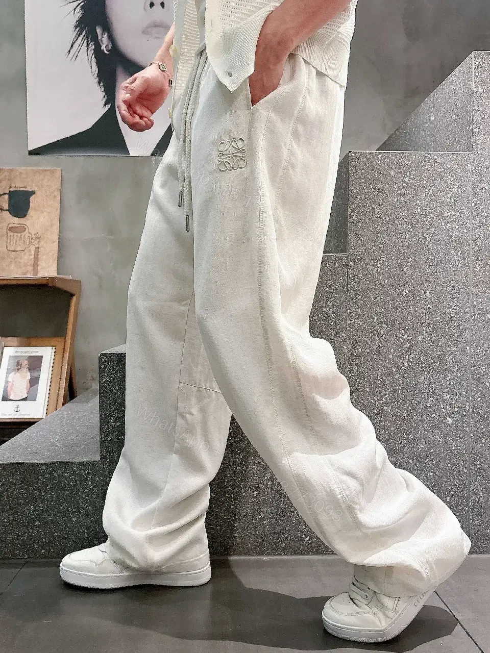 View 3 of Off-White Cream Linen-Look Wide-Leg Drawstring Pants