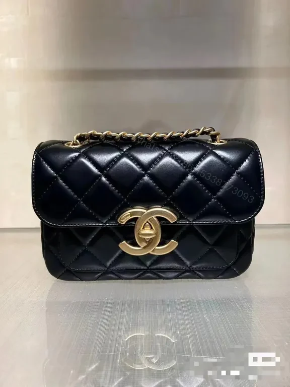 View 5 of Quilted Black Leather Flap Bag with Gold Logo Charm