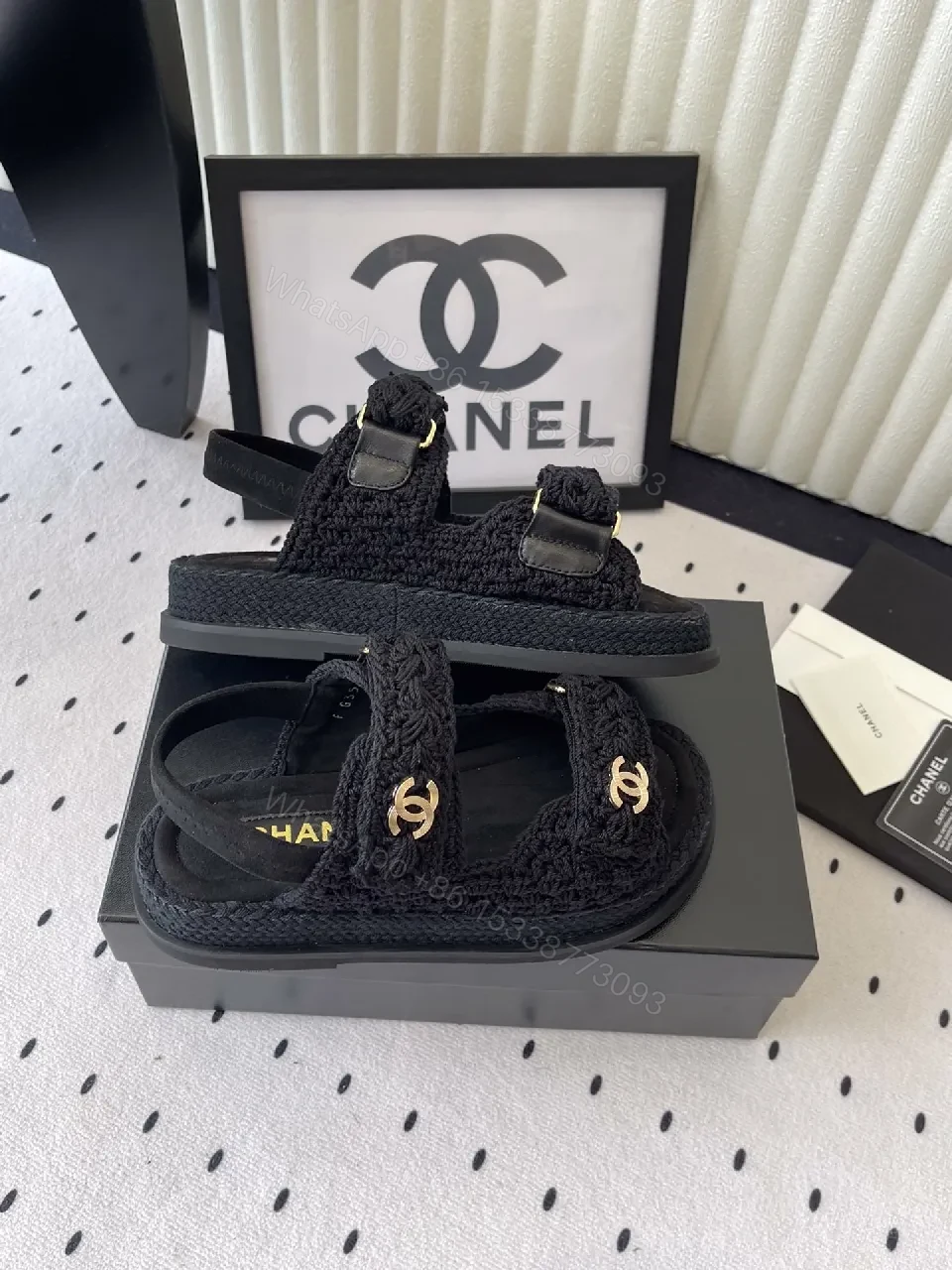 View 4 of Crochet-Texture Sandals with Gold Logo Accents – Luxury Everyday Wear