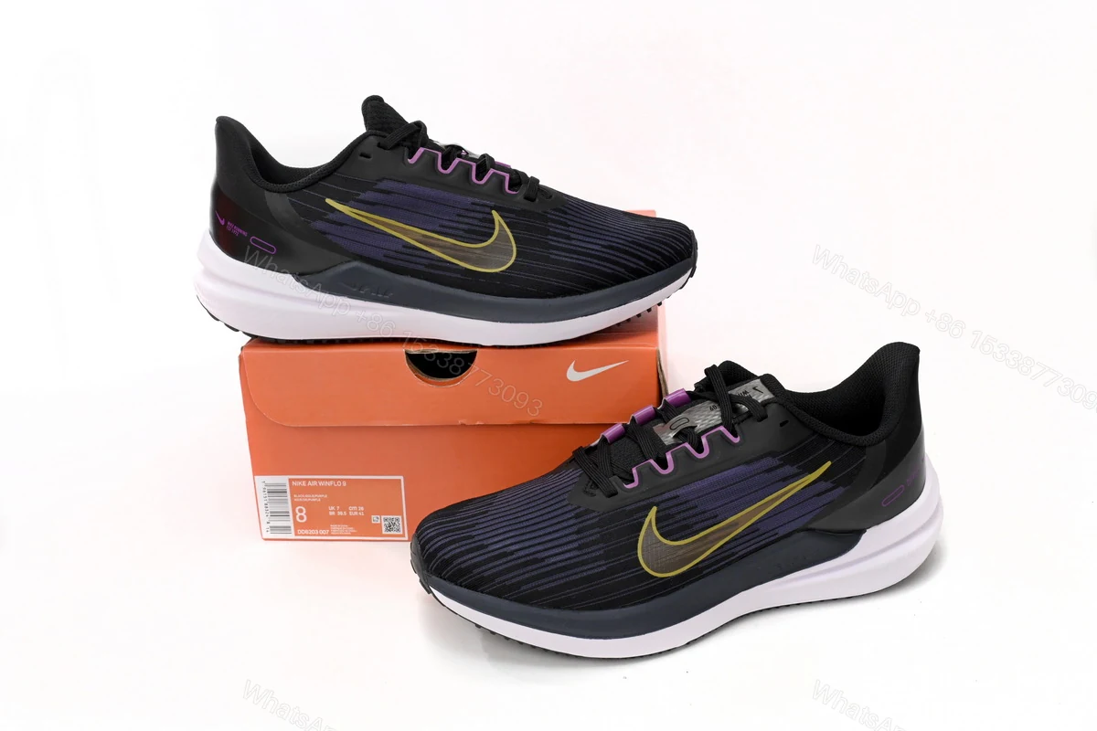 View 2 of Nike Air Winflo 9 Black Blue and Yellow DD6203-007