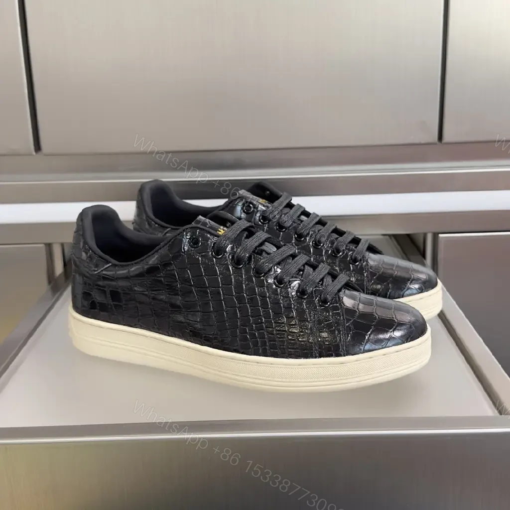 Croc-Textured Leather Sneakers – Black & Cream, Luxury Casual — view 1