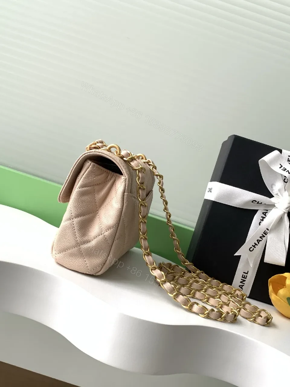 View 8 of Soft Pink Quilted Flap Bag with Gold Chain - Compact Luxury